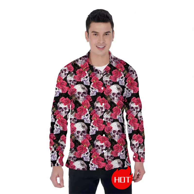 Blusa masculina de lapela gráfica de crânio, camisas de manga comprida com design de esqueleto, tops unissex, roupas da moda, primavera e outono 2024