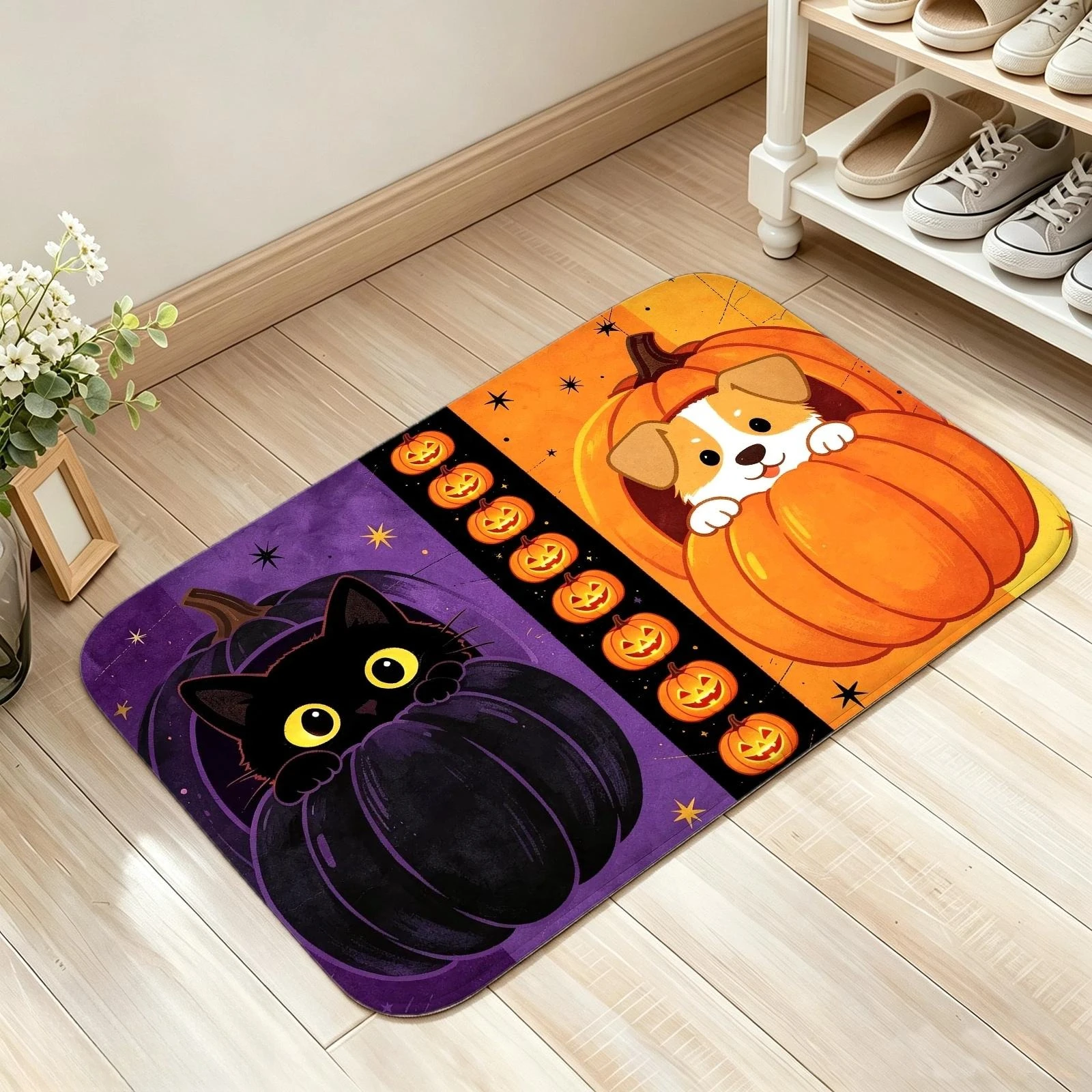 Cute Halloween Decorative Floor Mat Black Cat Puppy Pumpkin Split Color Print for Home Entryway Indoor Spooky Season Party Decor
