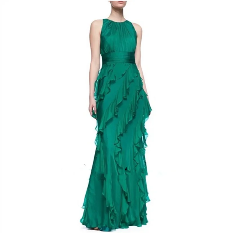 

Customized Ruffle Evening Dresses Woman Elegant Womens Party Dresses for Formal Occasions Round Neck Sleeveless Prom Dress