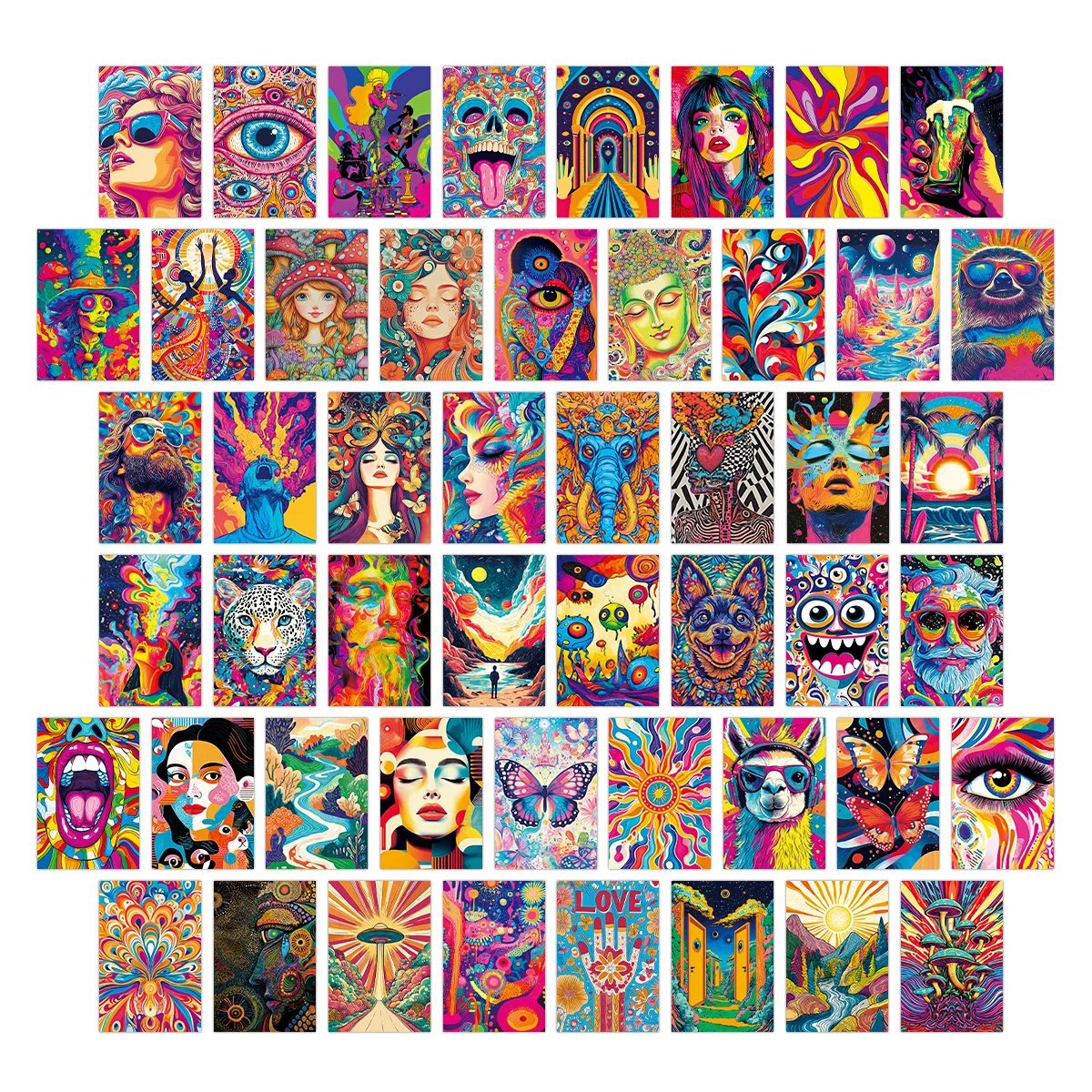 50-teiliges Hippie Trippy Vintage Wandcollage-Set, Mini-Poster für Wanddekoration, trendiges Postkarten-Set, Retro-Wandkunstdrucke für Raumdekoration