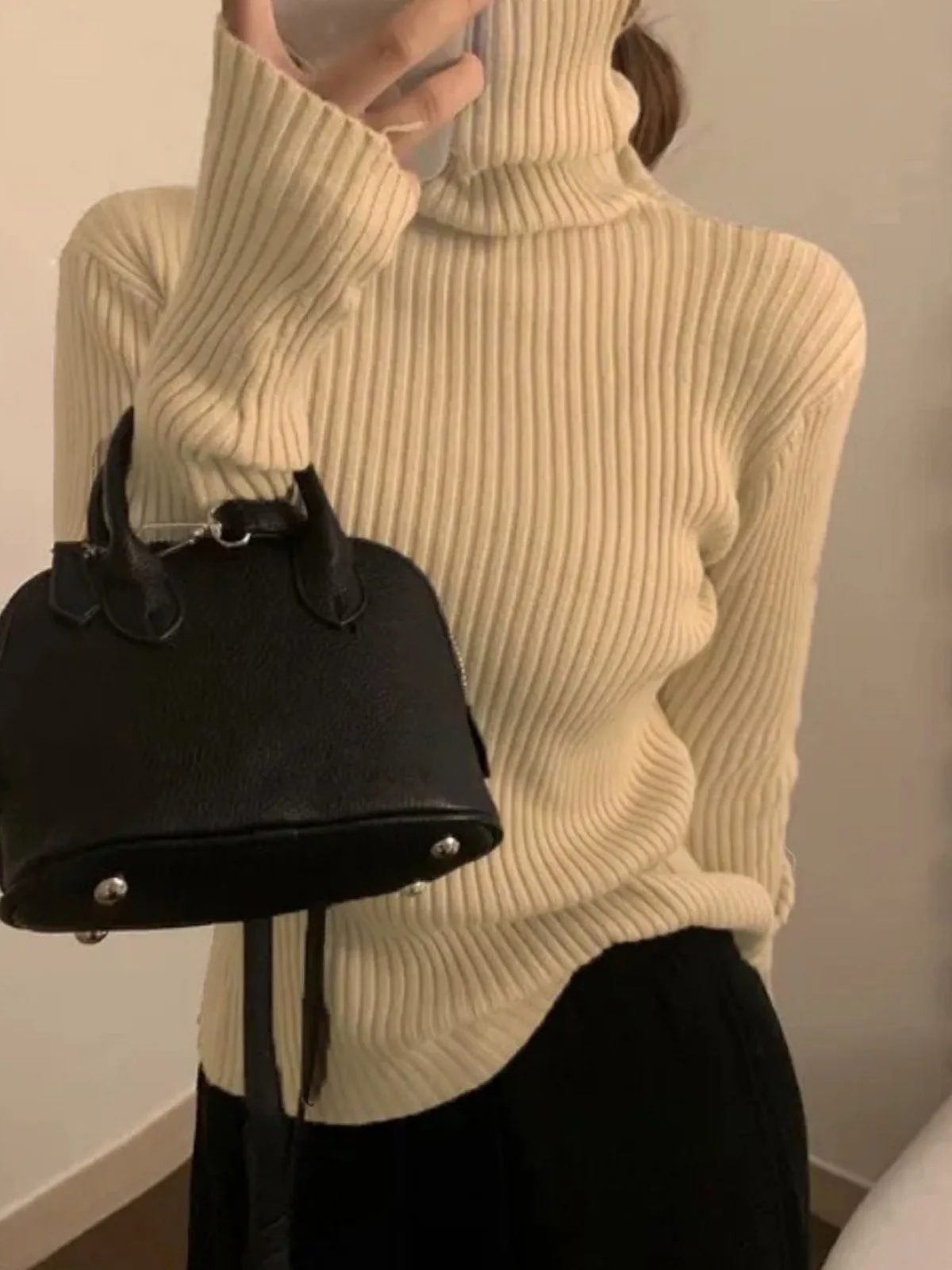 

Элегантный вязаный свитер с высоким воротником для женщин, новинка ранней весны, приталенный, однотонный, базовый топ в корейском стиле