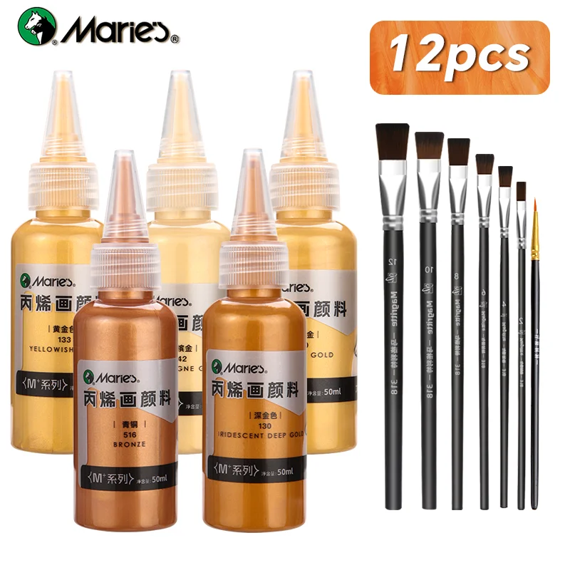 

Набор классических акриловых красок металлик Marie, 12 шт., 50 мл/1,7 фл. унция, пигменты с 7 кистями для рукоделия, поделок, дерева, камня, стекла, холста