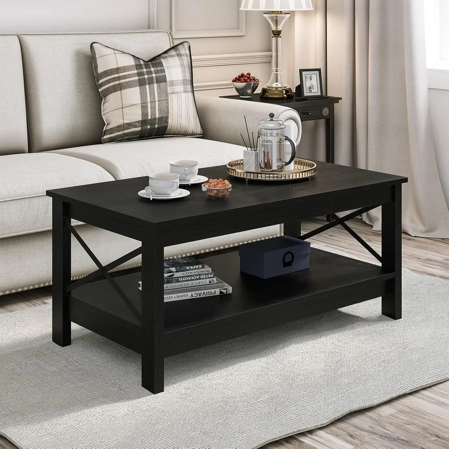 

YITAHOME Black Coffee Table with Storage, Farmhouse Coffee Tables for Living Room Wood Coffee Table with Shelf, Rectangle Modern