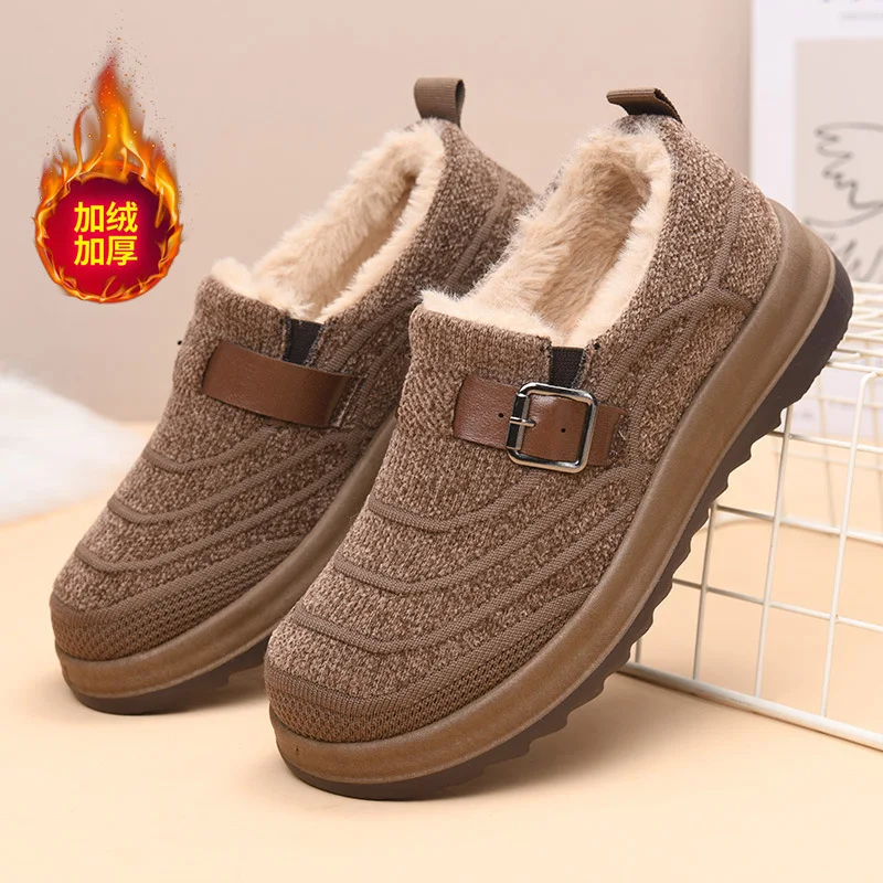 Women Winter Fleece Lined Loafers, Knitted Fabric Warm Slip‑on Shoes, Buckle Strap Non‑Slip Thick Platform Casual Shoes view 2