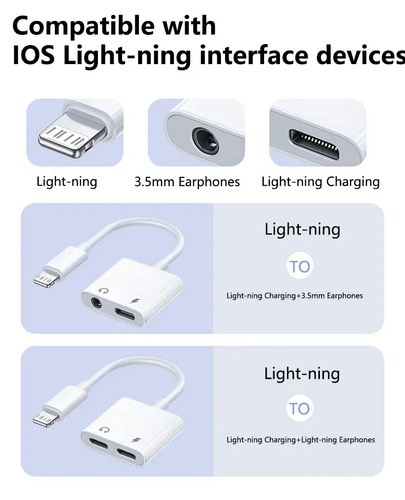 For Lightning to 3.5mm Jack Earphone Adapter Aux Audio Splitter Cable with Charging for iPhone 14 13 12 11 8 7 Pro Max XS XR