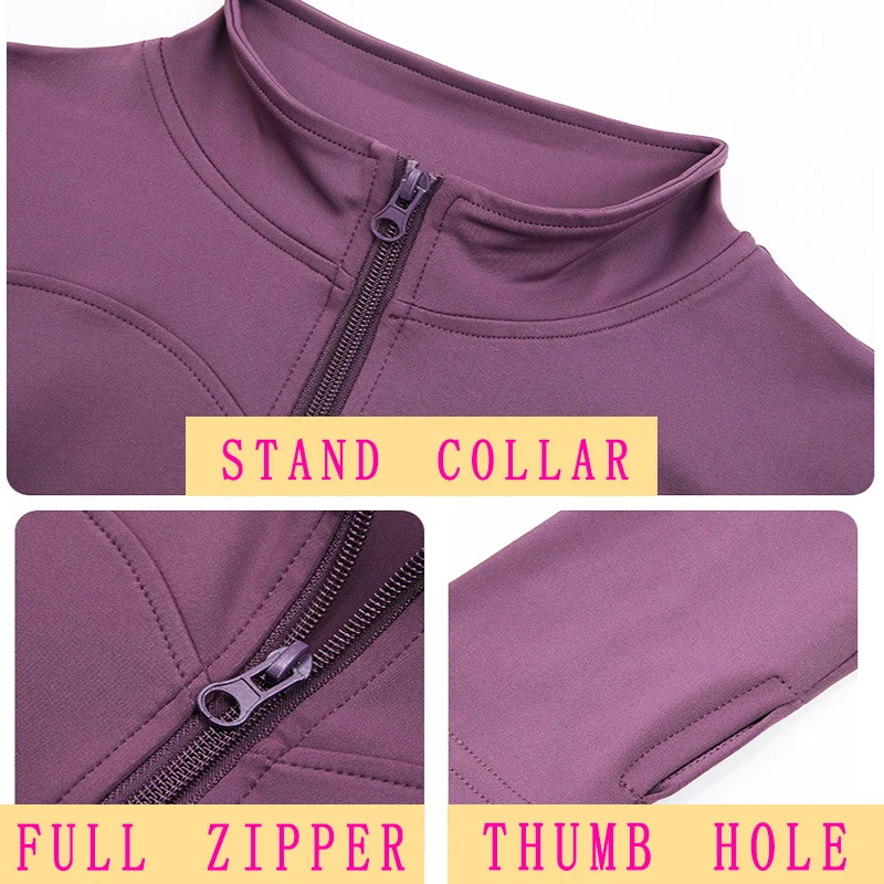 PofyBofy Thumb Hole Quick Dry Stand Collar Full Zipper Slim Fit Women Sport Long Sleeve Jacket Fitness Training Yoga Workout Top