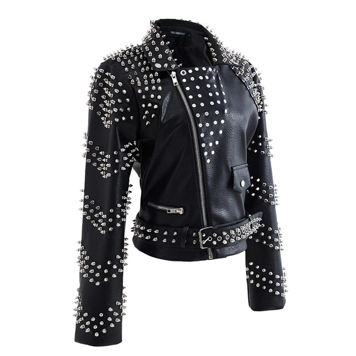 Women\'s Punk PU Rivet Jacket Studded Long Sleeves Faux Leather Streetwear Steampunk Motorcycle Biker Coat