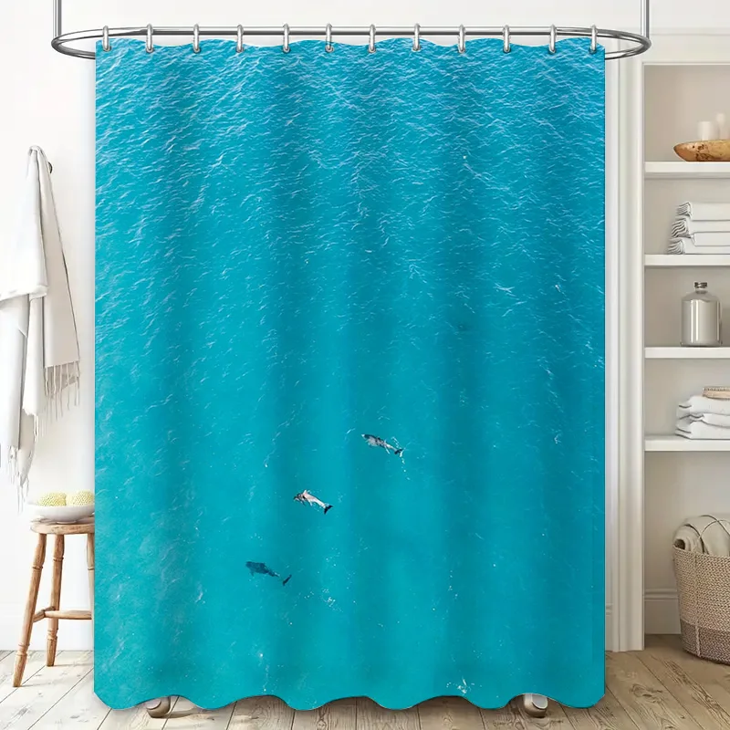 Blue Ocean Dolphin Print Shower CurtainWaterproof Fabric for Bathroom Decor White Bathtub Brick Wall Background
