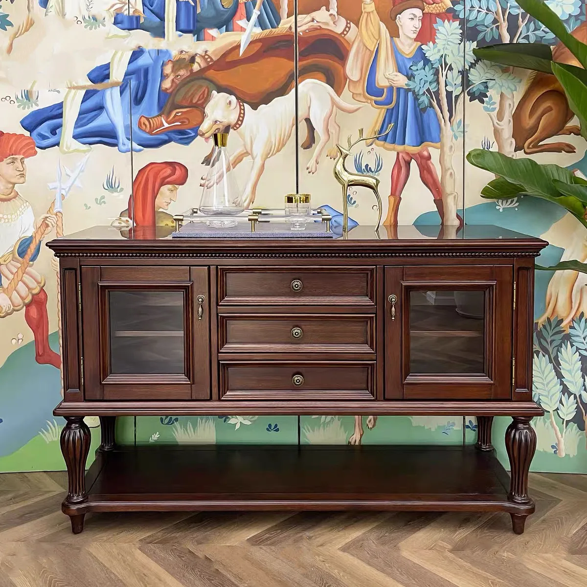 ตู้เก็บของอเนกประสงค์ไม้เนื้อแข็งสไตล์อเมริกันแบบคันทรี พร้อมเสาโรมัน สำหรับห้องนั่งเล่นหรือทางเข้า