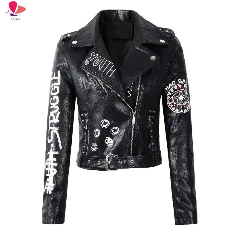 

2024 New Autumn Winter Women Faux Leather Jacket Turn Down Collar Letter Print Epaulet Rivet Zipper Biker Outerwear