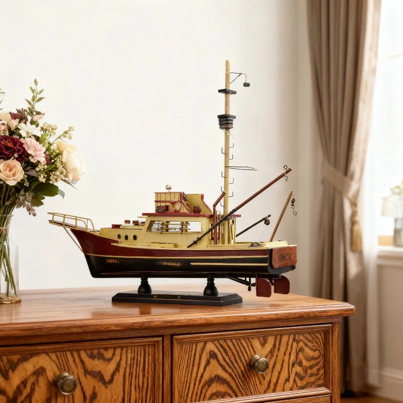 Solid Wood Craft Fishing Boat Model, Living Room Decoration, Dining Room Scene, Mediterranean Style Decoration