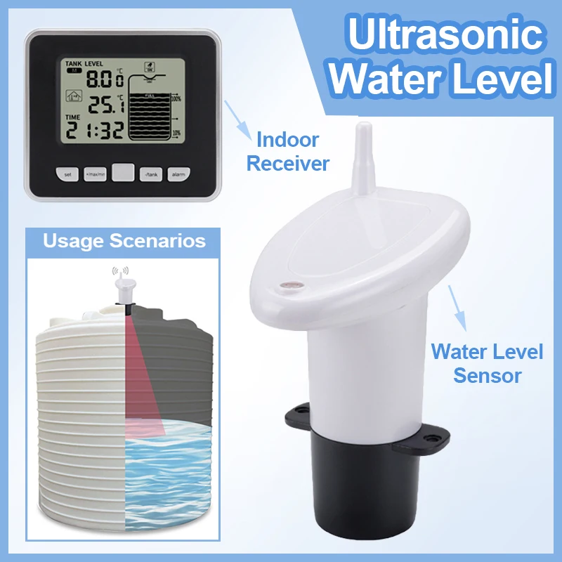 Wireless Ultrasonic Water Level Indicator Gauge Water Tank Sensor Liquid Level Sensor Depth Gauge Temperature Time Display