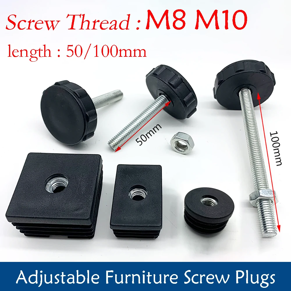 1-10Pcs Table Leg Plug With Nut and Adjustable Feet M8/M0x50/100mm Black Square/Round Furniture Rack Height Adjustable Foot Cup