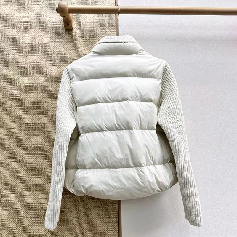 Women's Wool-Sleeve Patchwork Down Jacket, Warm Jacket Filled with White Duck Down, High-Quality Hoodie, 2026, New Arrival, Y2K