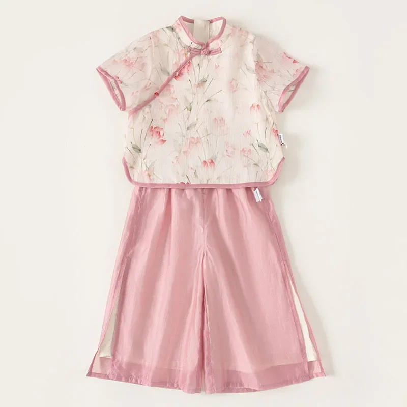 

2Piece Summer Girls Boutique Clothes Chinese Style Fashion Flowers Pink Short Sleeve Baby Tops+Mesh Pants Kids Clothing B118