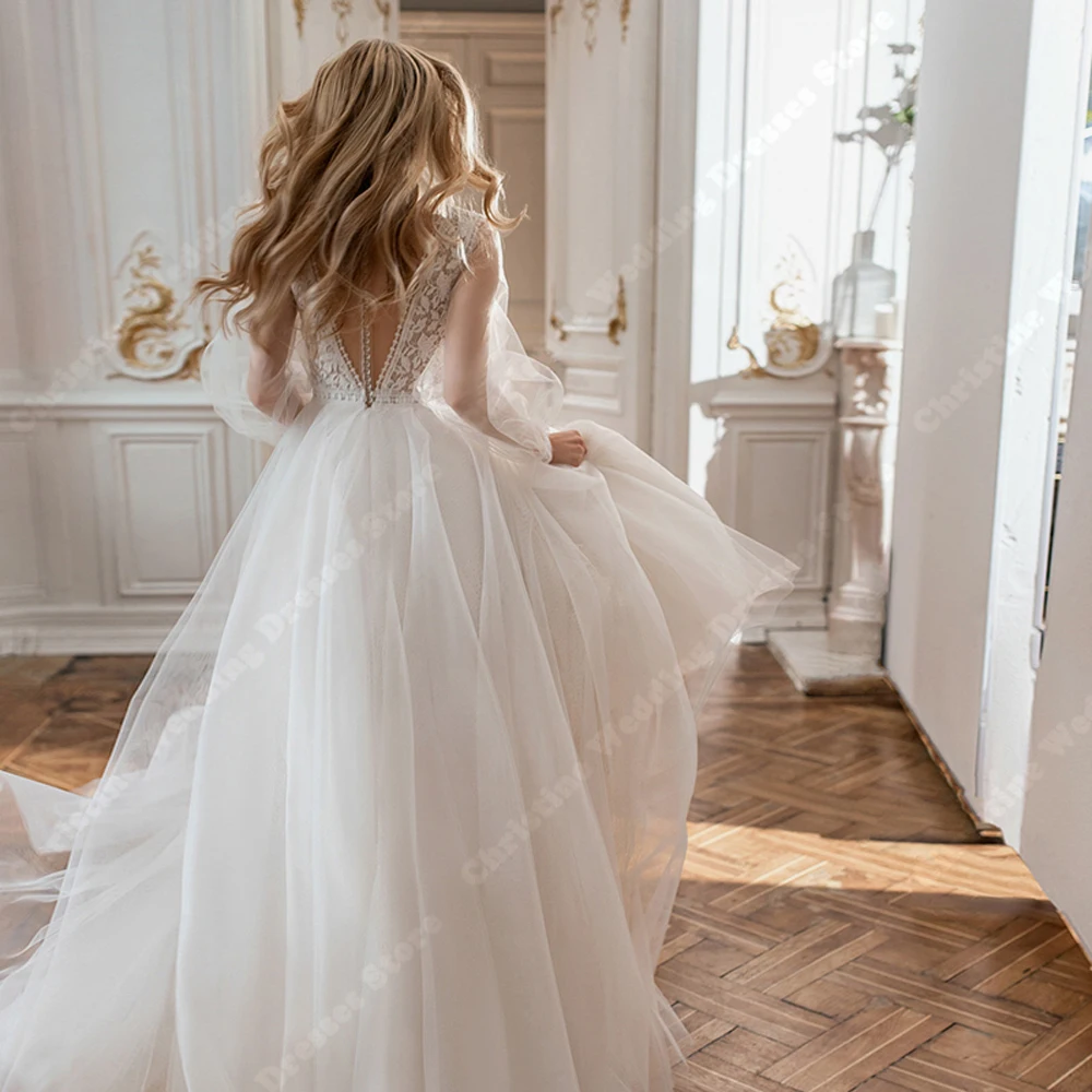 Vestidos de novia elegantes de tul para mujer, traje de novia con apliques de encaje, manga larga, longitud de fregado, batas de princesa personalizadas, 2024