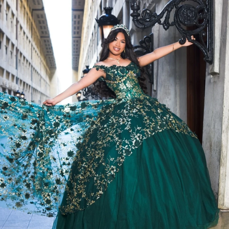 검은빛 녹색 킨세아녜라 드레스 오프숄더 볼 가운 스위트 16 드레스 골드 아플리케 꽃 비즈 튤 케이프 생일 파티