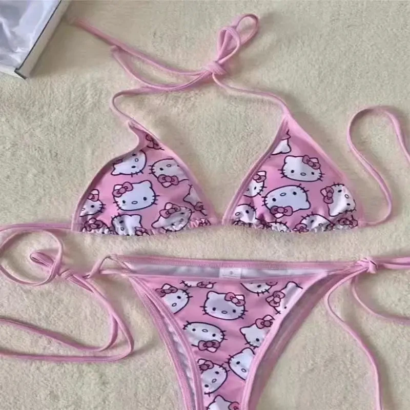 2 sztuki Hello Kitty zestaw bikini Kawaii Y2K lato 2024 nowe damskie majtki plażowe z paskami seksowne stroje kąpielowe dla dziewczynki