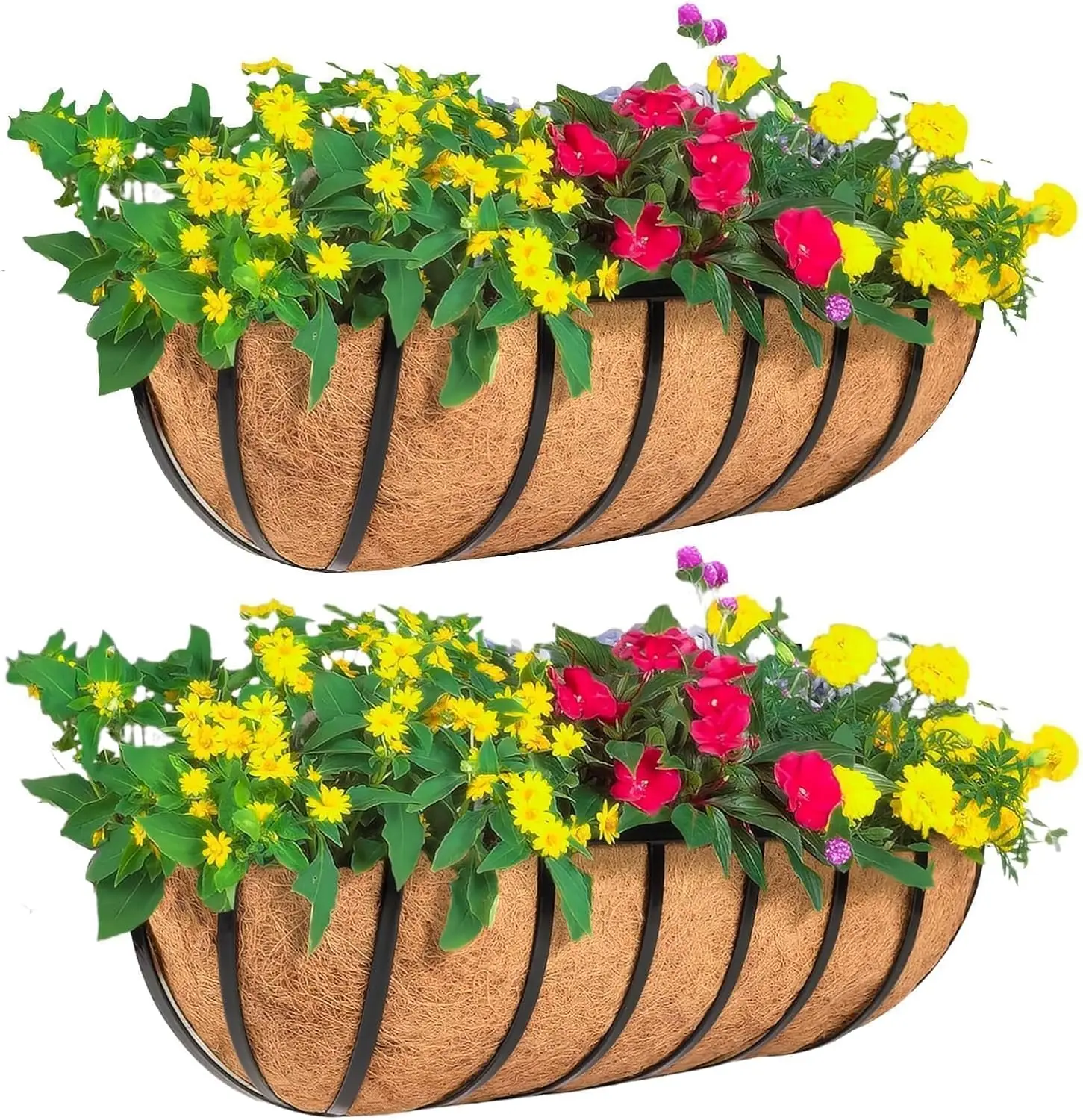 Paquete de 2 Jardineras de Barandilla de 24 Pulgadas con Revestimiento de Coco para Terraza, Porche, Valla, Estilo Comedero para Caballos