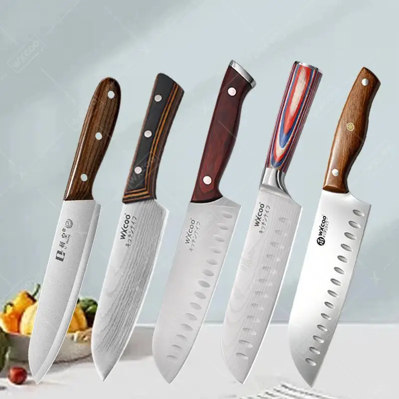 WXCOO Japanese Knife Set Professional Kitchen Santoku Knife Stainless Steel with Wooden Handle Fruit Cutter Vegetable Knife