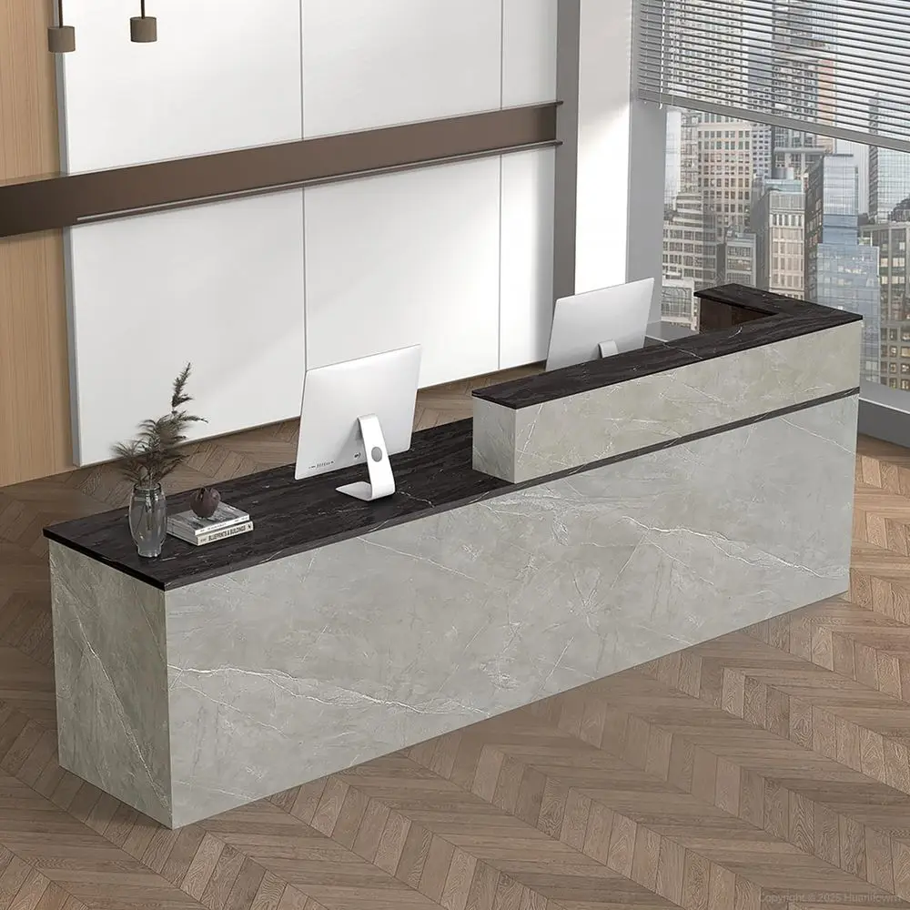 

LShaped Reception Desk with Counter, Lockable Drawer, Keyboard Tray, Open Shelves and Cable Grommet, Modern Front Desk for Offi