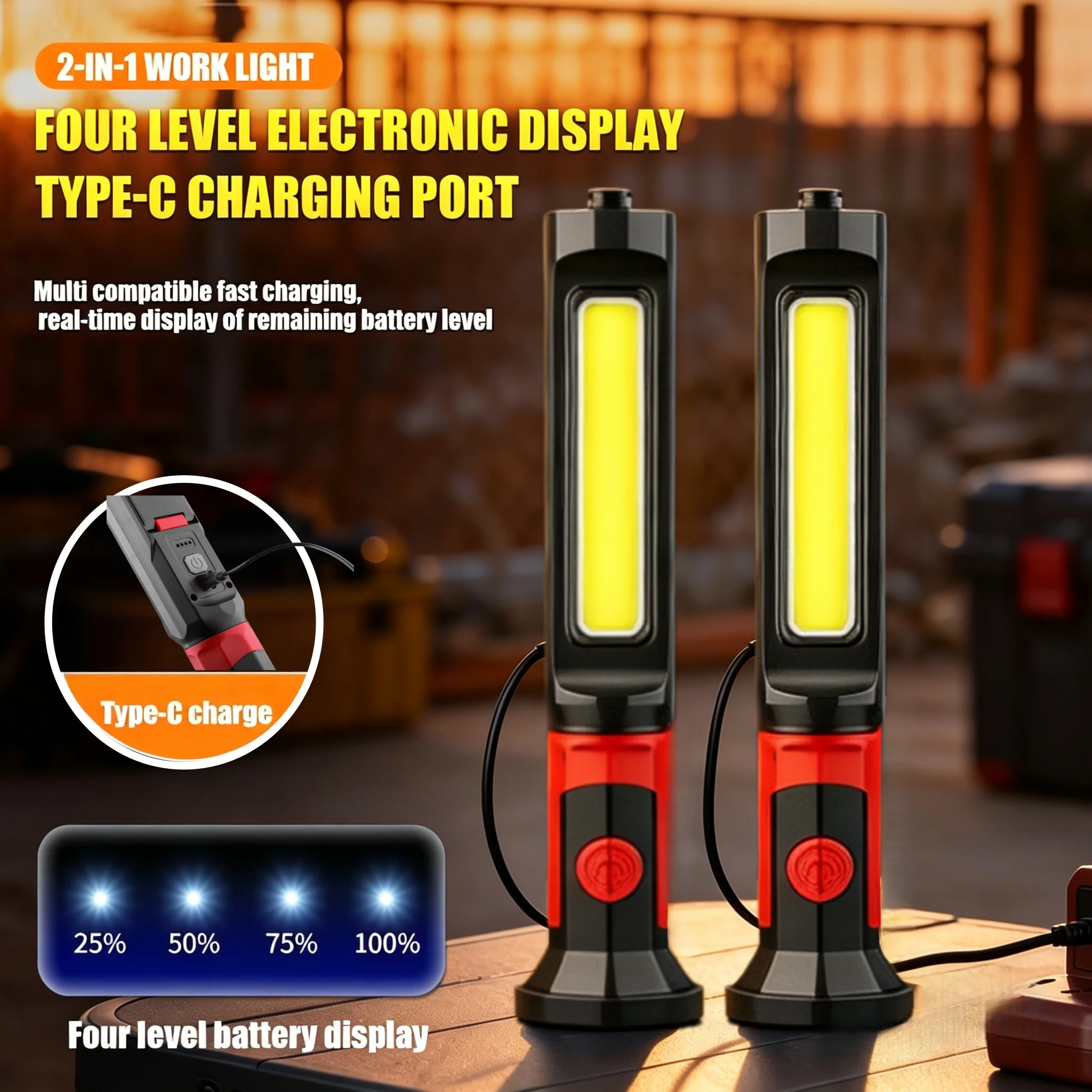 2-in-1 Magnetic Rechargeable Work Light - 5200mAh Battery, 3000LM Brightness, With Hooks | Ideal for Car Repair, Garage