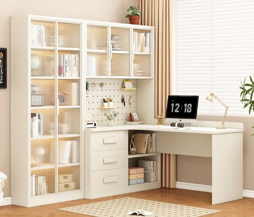 Solid Wood Corner Cream-Style Desk, Bookshelf, and Bookcase Combination Home Study/Office Desk for Writing and Learning