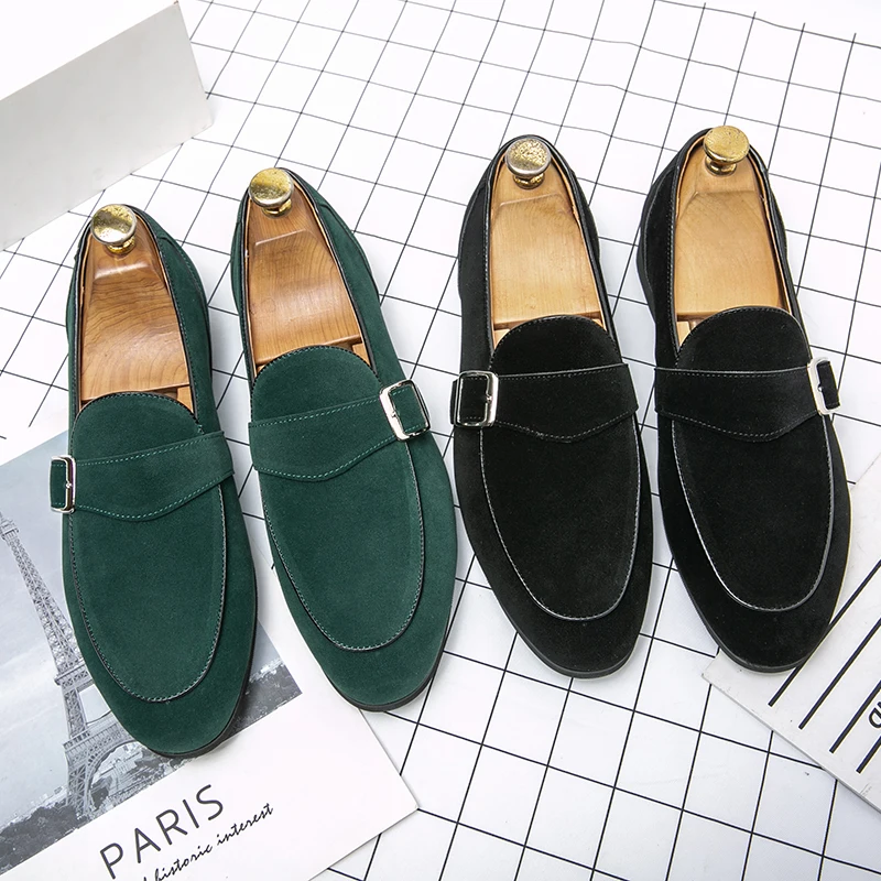 Mens Dress Peas Nubuck Leather Wedding Man Monks Luxury Designer Green Flats Business Male Casual Driving Shoes for Men Loafers