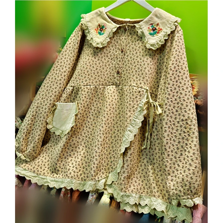 Women Winter Vintage Cotton Fleece Ruffled Lace Bohemian Blouse Retro Chic Victorian Edwardian Lolita Cute Babydoll Sweet Tops