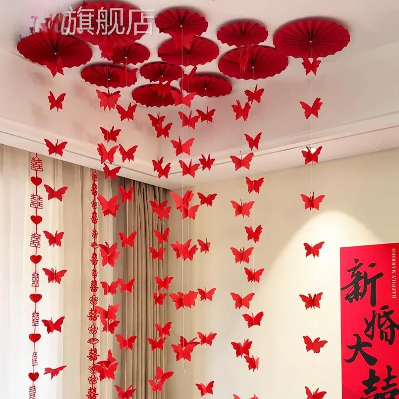 decoracao-de-casamento-guirlanda-suspensa-para-teto-com-caractere-'xǐ'-e-borboletas-decoracao-de-ambiente-para-quarto-e-sal