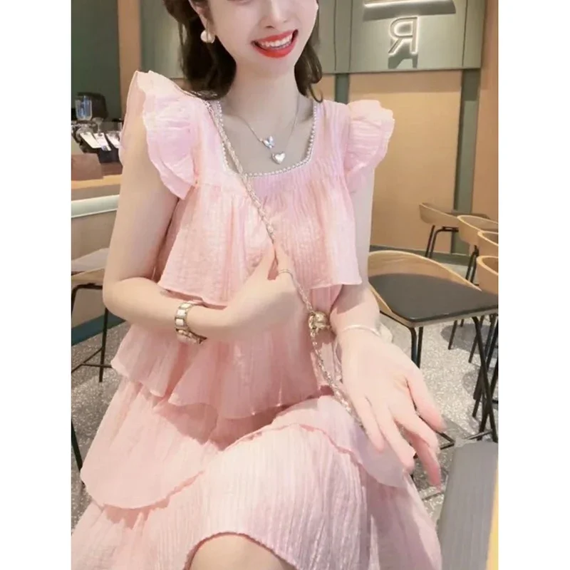 

Sweet Square Collar Ruffles Beading Prom Dresses Women's Clothing 2024 Summer New Loose Butterfly Sleeve Princess Dress V1075