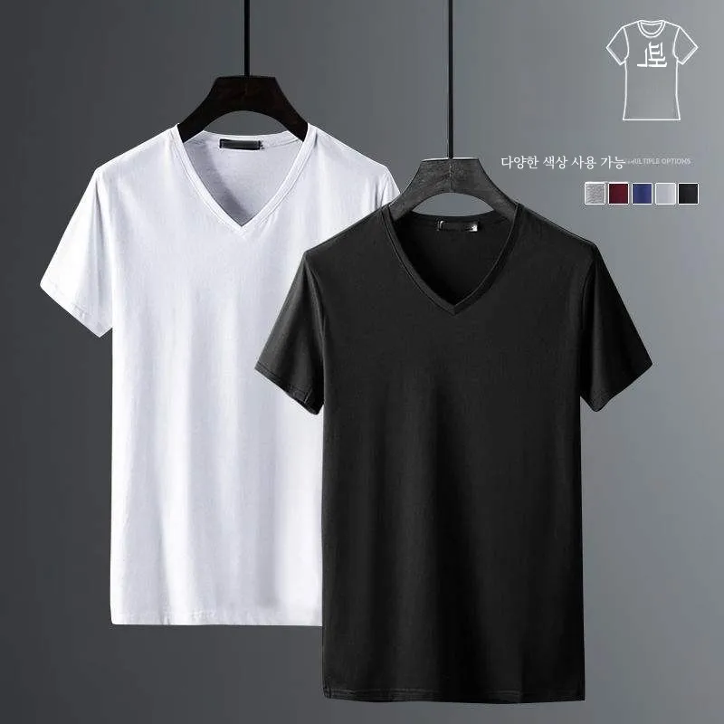 2 Pieces] Summer Men Modal Ice Silk Short Sleeve T-shirt V-neck Chicken Collar Pure Color Student Half Sleeve Bottoming Shirt