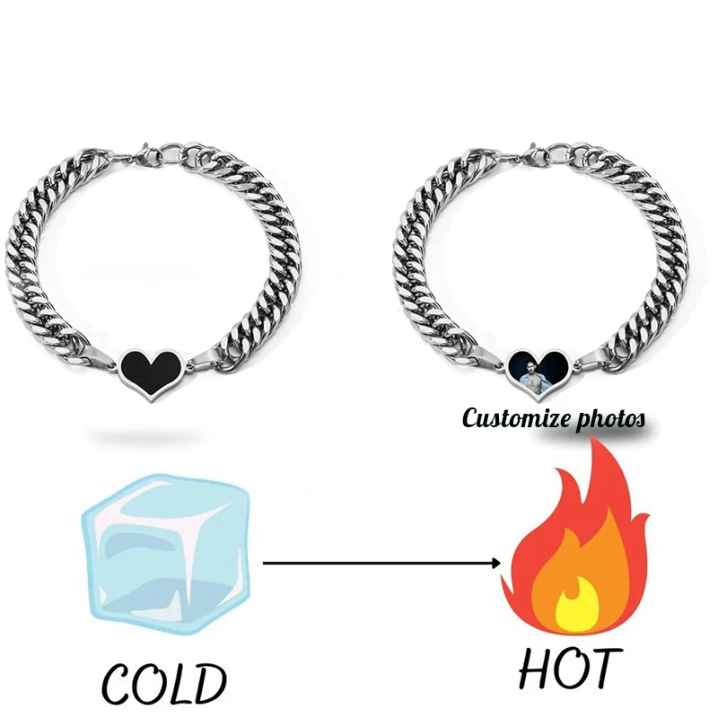 Customized Photo Hot Activation Magic Bracelet Personalized Hidden Picture Temperature Change Heart Bracelet Christmas Gifts