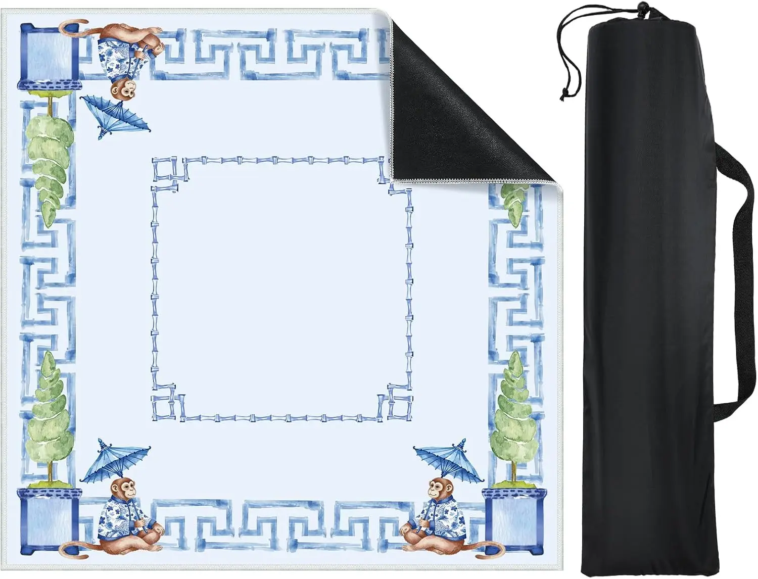 Blue Monkey Chinoiserie Mahjong Mat 31.5 with Carrying Bag Non‑Slip Noise‑Reducing Gaming Table Cover for American Mahjong Poker