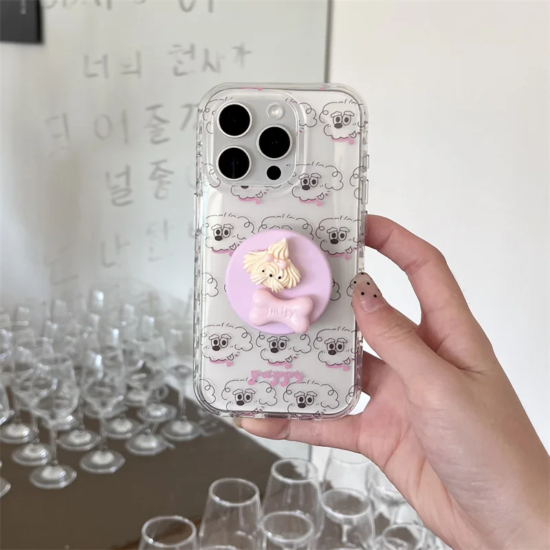 

Kawaii Cartoon Line Puppy Phone Case For iPhone 17 Pro 14 15 16 Pro Max Cover with Stand Holder Shockproof Cute Protective Cases