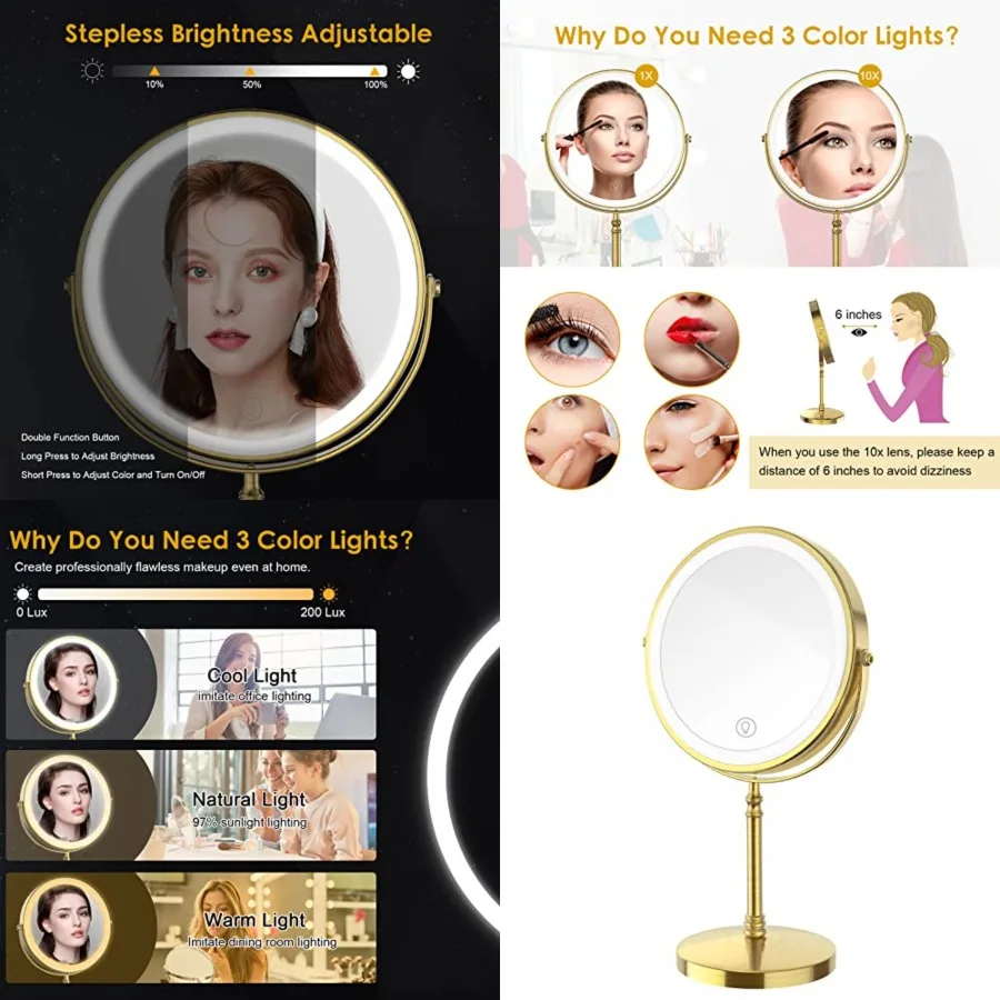 

Makeup Mirror, 3000mAh Rechargeable Double-Sided Magnifying Vanity Mirror with 3 Colors, 1X/10X, Adjustable Brightness, Gifts f
