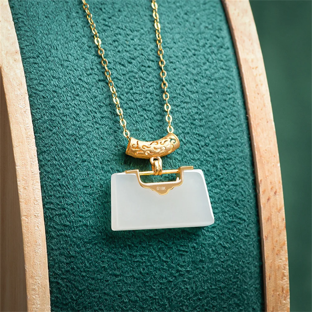 18K Gold Natural White HeTian Jade Longevity Lock Style Lucky Pendant Amulet Chain Necklace Certificate Luxury Jade Jewelry Gift