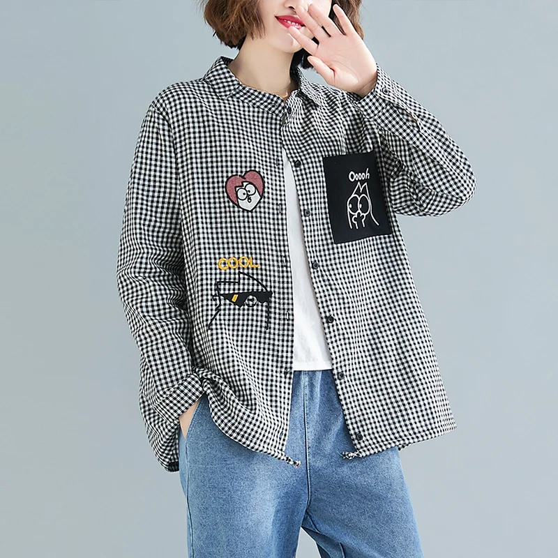 

Loose Artistic Long Sve irt Women's plus Size Spring Autumn Faion Slimming Plaid Casual Top for Younger Looking