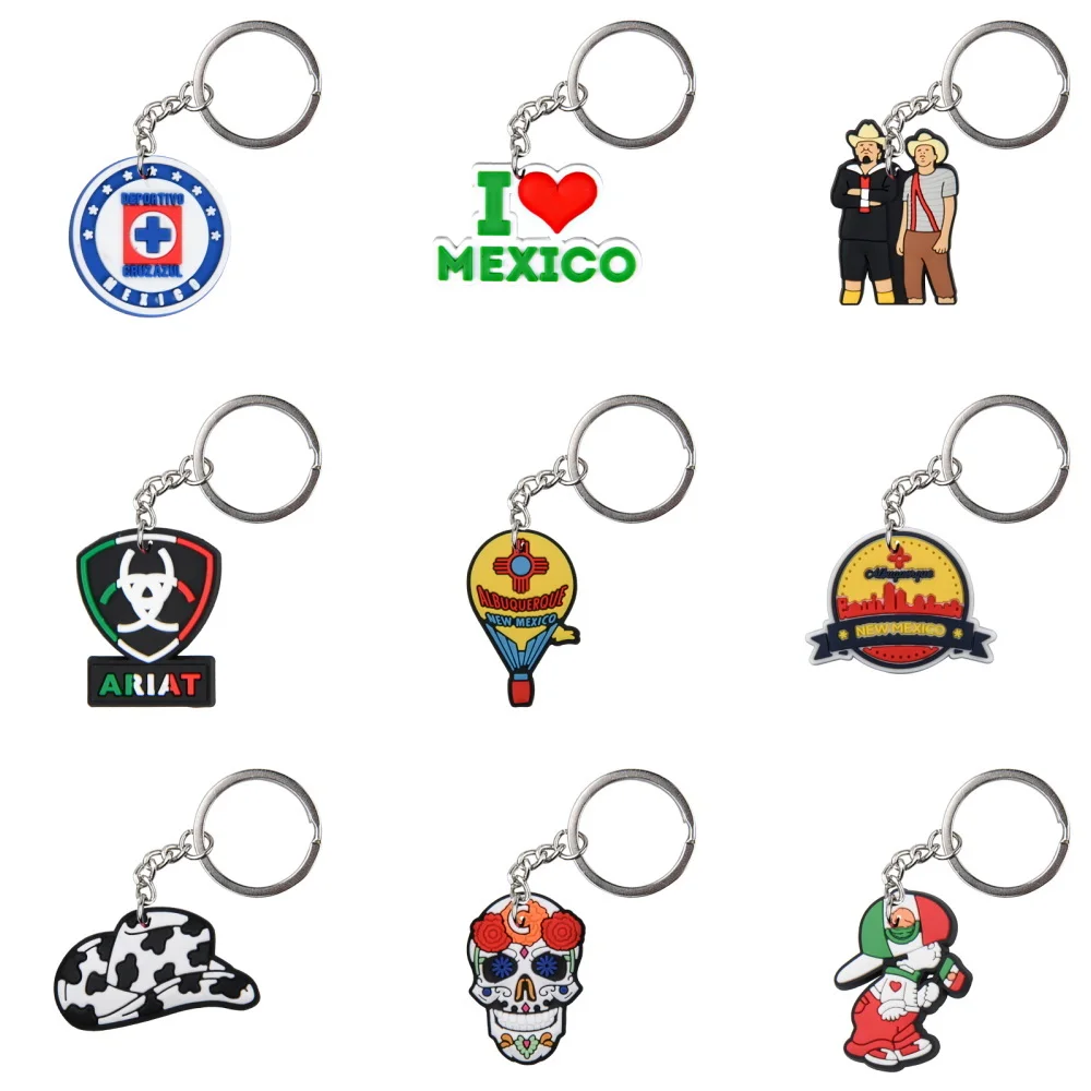 1pcs I Love Mexico Keychains Boys Girls Food Horror skeleton Keyrings Kids Juice Key Chains Cactus Key Rings Men Women Gifts