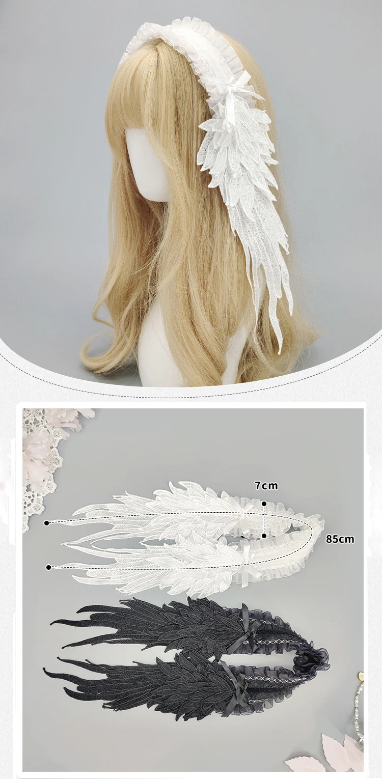 Gothic Lolita Haarschmuck Engelsflügel Spitze Kopfschmuck Schwarz Weiß Lolita Flügel Haarband Cosplay Halloween Party Requisiten Kopfschmuck – Detail 6