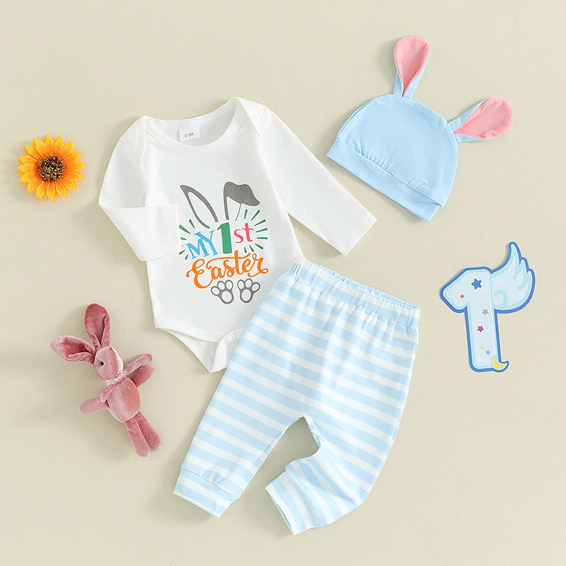 

My 1st Easter Newborn Baby Boy Girl Outfit Clothes Long Sleeve Romper Stripe Trouser With Bunny Tail Rabbit Ear Hat