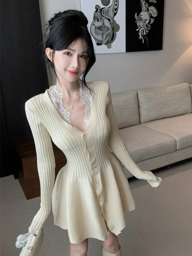 

Sexy Knitted Long Sleeve V-Neck Dress Lace Vest Two-Piece Set Women's High Waist Princess Style Commute Simple Design Autumn ...