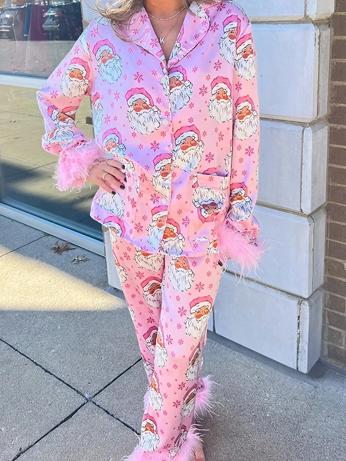 

Women's Pink Festive Print Pajama Set with Feather Trim