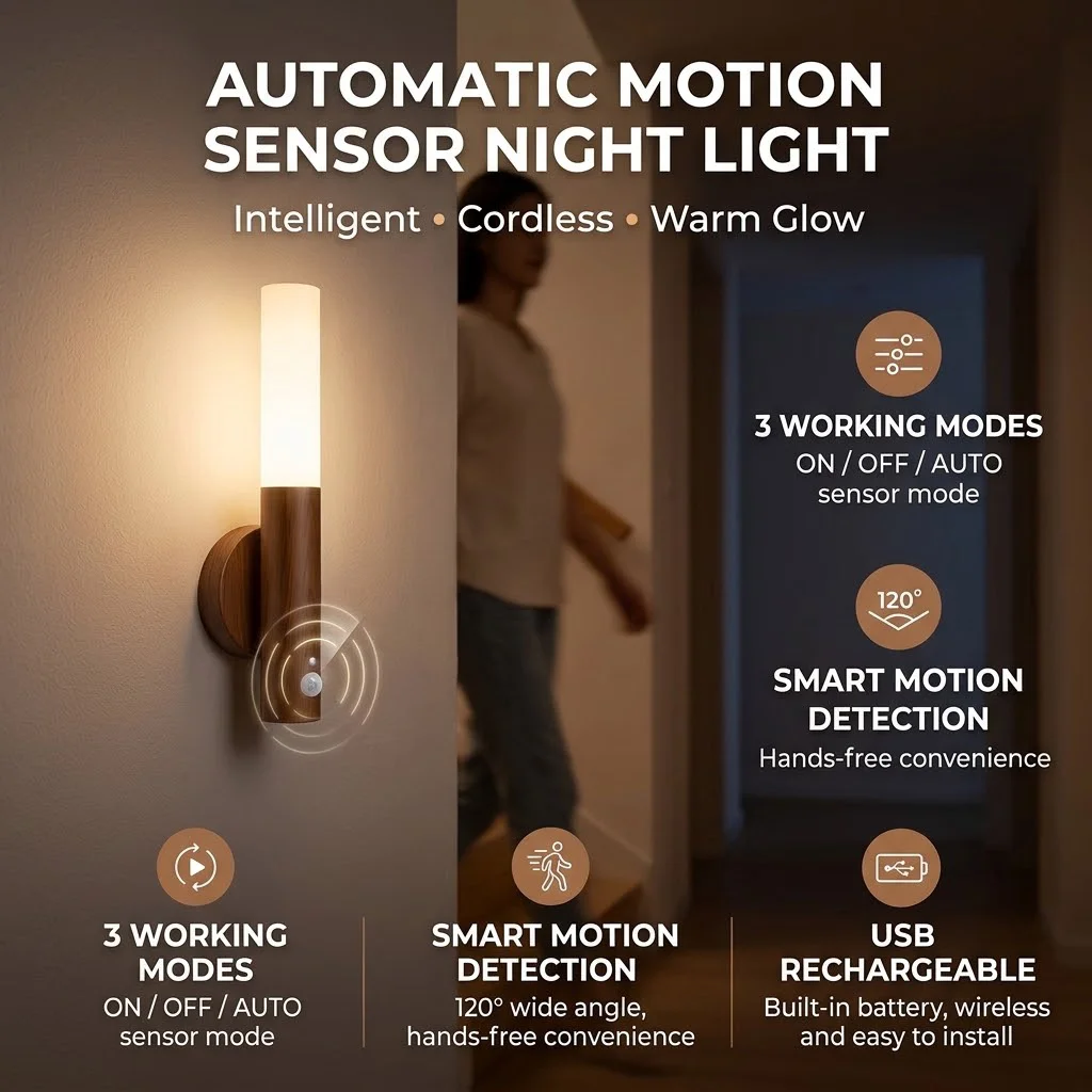 Motion Sensor Night Light Rechargeable 3-Mode LED Wall Light Human Body Induction Bedroom Bathroom Hallway Cabinet