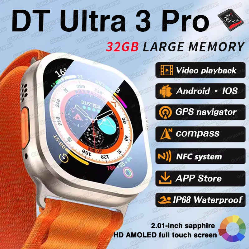 IOS DT Ultra 3 ساعة 32G RAM سوار الفيديو GPS خريطة دعوة NFC البوصلة AI الطلب الرياضة جهاز تعقب للياقة البدنية ساعة ذكية الرسمية الأصلية