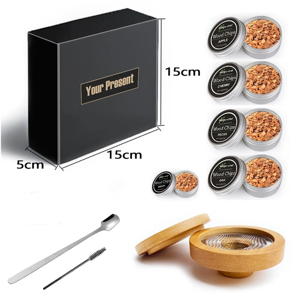 5 Kit de ahumador de cócteles de barra de madera, whisky, Tequila, capuchón de madera ahumada, ahumador para bebidas, cubierta para mezclar vino, herramienta de barra con 4 cajas