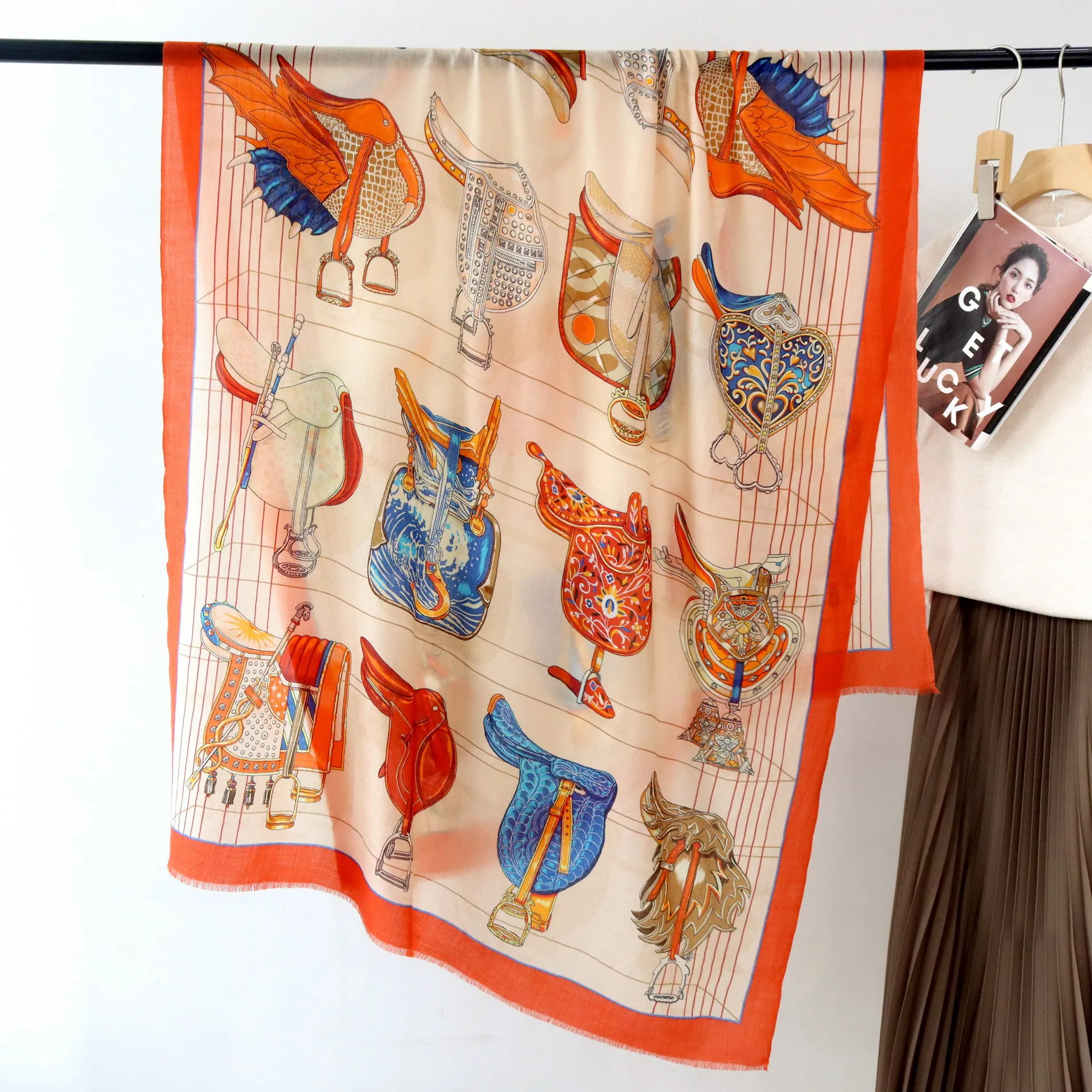 High-end and Elegant Women's Exquisite Harness Print Quality Water-soluble Wool Handmade Fringe Warm Soft Long Scarf Shawl