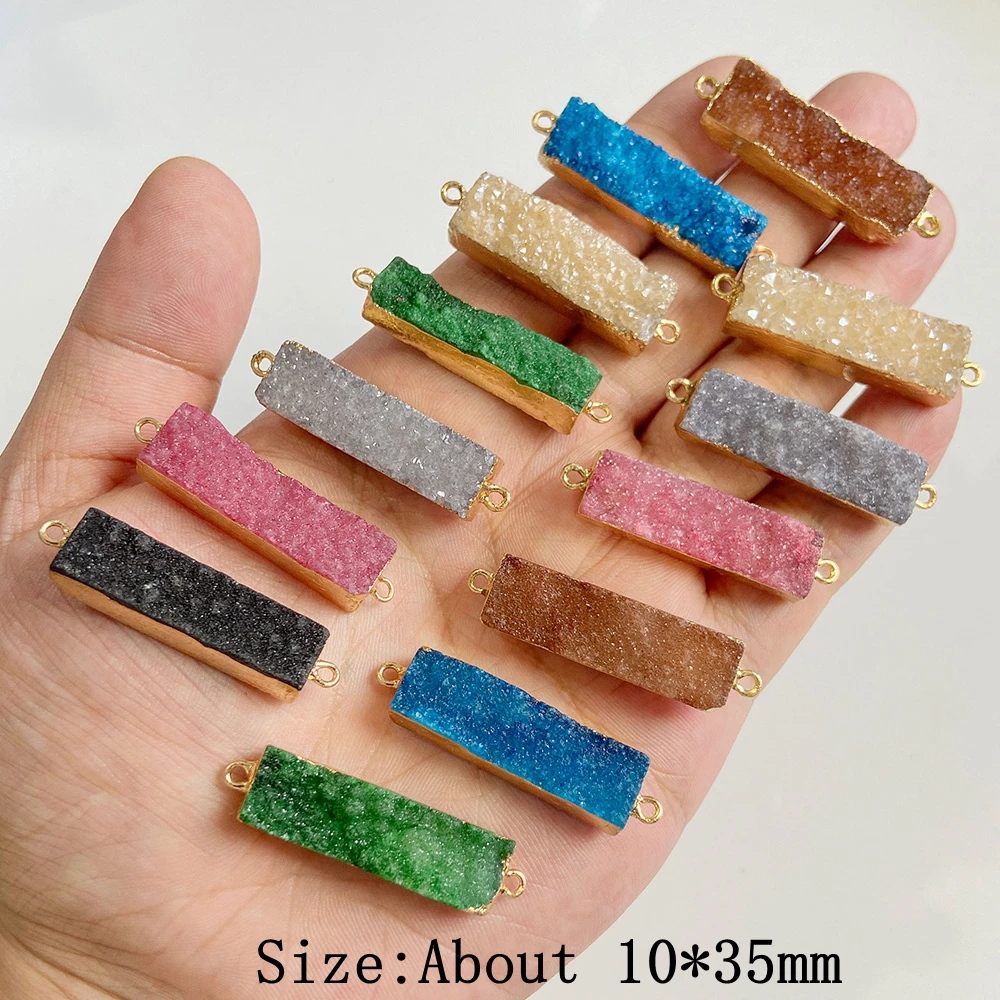 Natural Druzy Agates Quartzs Pendant Rectangular Double Holes Raw Connector Stone Pendant for Jewelry Making Necklace Bracelet