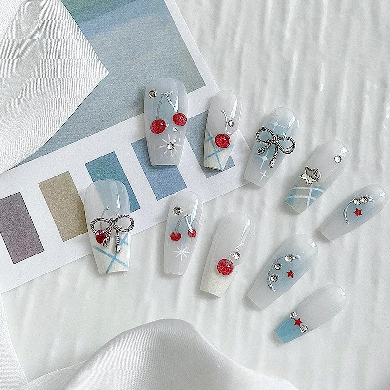 Summer Ice Transparent Small Fresh Fake Nail Patches Cherry Bow Handmade Press On Nails Sweet Girl Art Nails