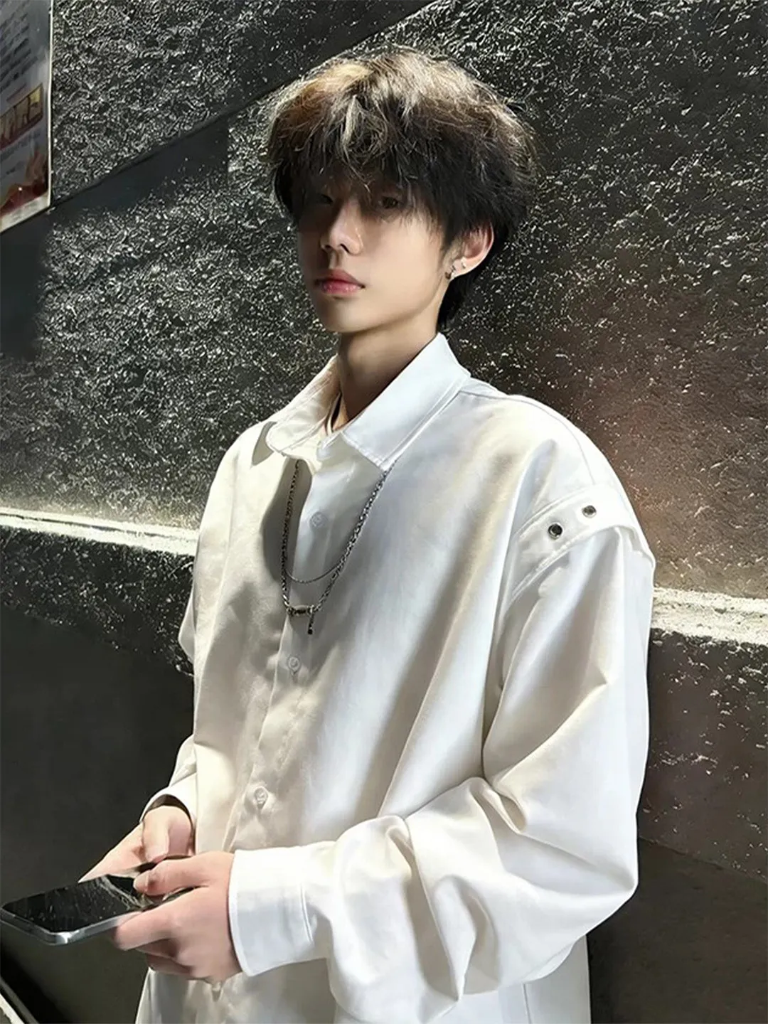 

White American Sle Deconstructed Long Sve irt Men's Spring Faion Brand Design oulder Casual Haome Look